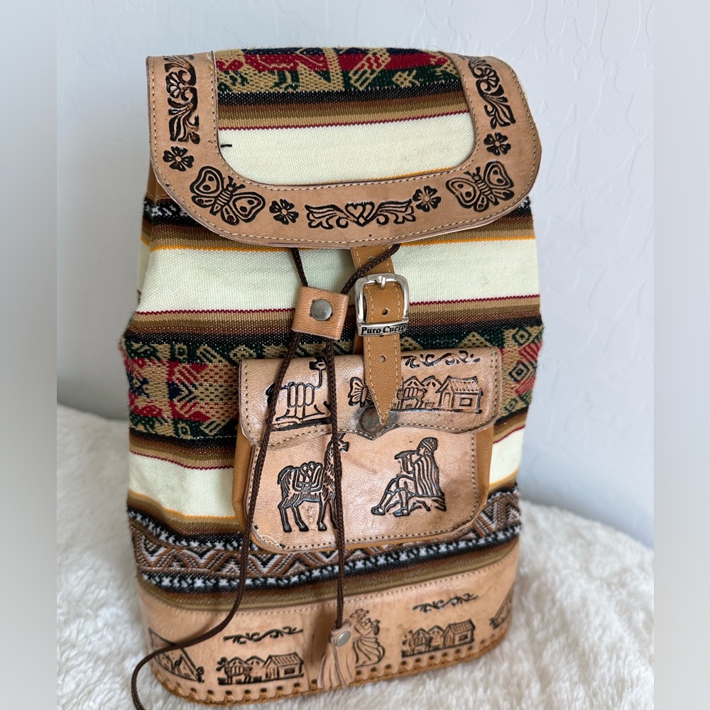 Backpack with leather for adults/Ethnic Andean handmade Genuine Leather